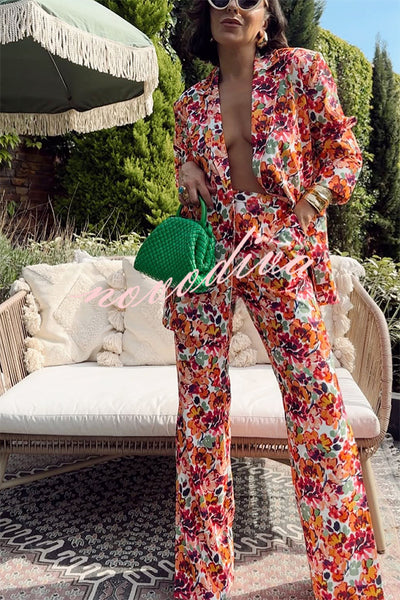 Full of Energy Flower Print Lapel Blazer and Elastic Waist Pocket Pleated Side Hem Pants Set