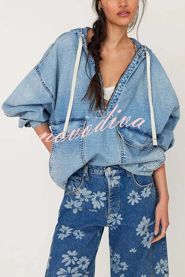 Fashion Loose Pocket Casual Denim Zipper Hoodie