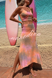 Boho Style Tie-dye Hollow Straps Neck Tank and High Rise Slit Stretch Maxi Skirt Set
