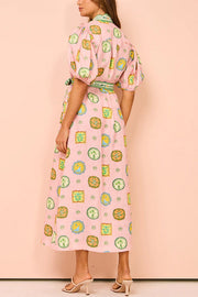 Orla Unique Print Balloon Sleeves Printed Belt Pocket Midi Dress