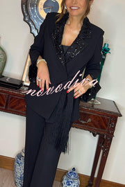 Social Time Embroidered Sequin Patchwork Tassel Belt Detail Lapel Party Blazer