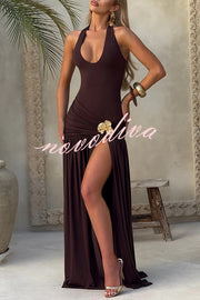 Solid Color Halter Neck Backless Slim Fit Pleated Slit Maxi Dress