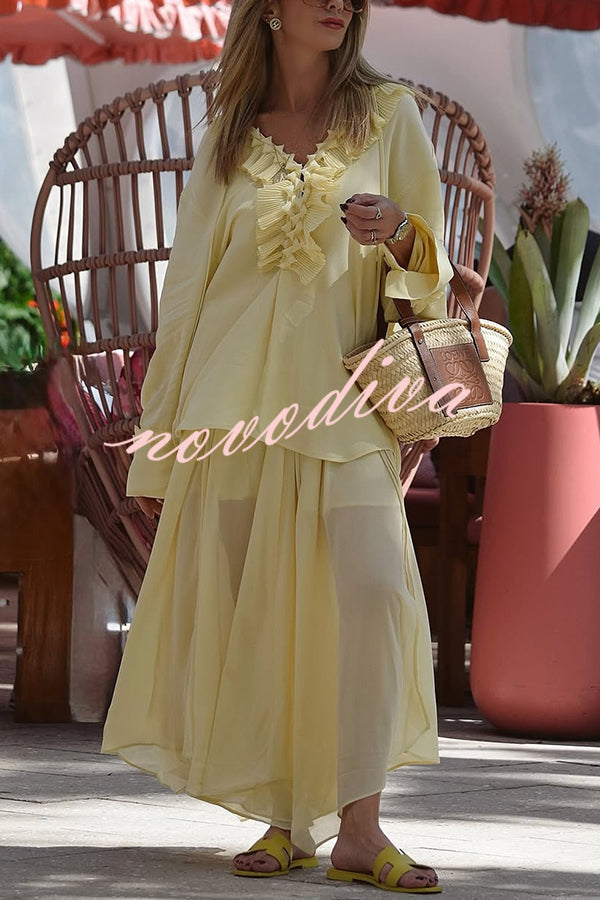 Solid Color Pleated Ruffled Tie Long Sleeve Loose Shirt