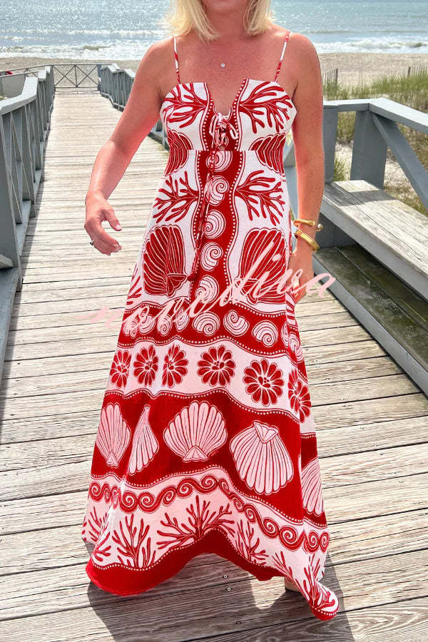 Beautiful Shell Unique Print Front Lace-up Loose  Maxi Dress