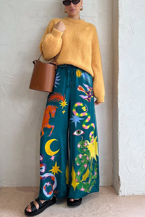 Holiday Pierson Linen Blend Unique Print Elastic Waist Pocketed Wide Leg Pants