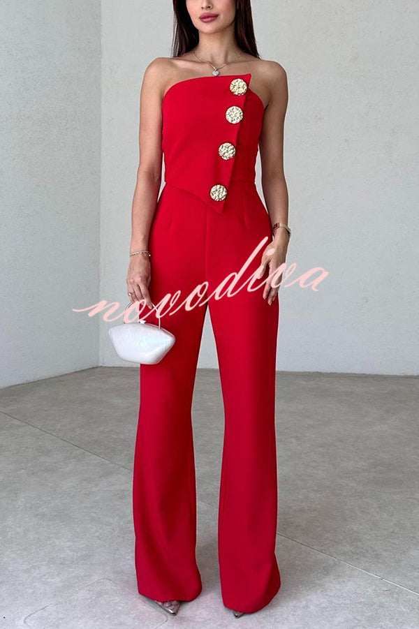 Solid Color Sexy Tube Top Gold Button Embellished Bootcut Jumpsuit