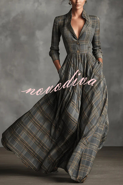 Plaid Print Long Sleeve Slim Fit Casual Pocket Maxi Dress
