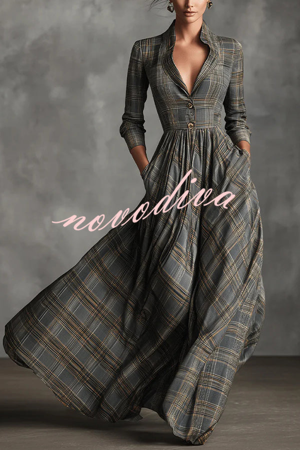 Plaid Print Long Sleeve Slim Fit Casual Pocket Maxi Dress
