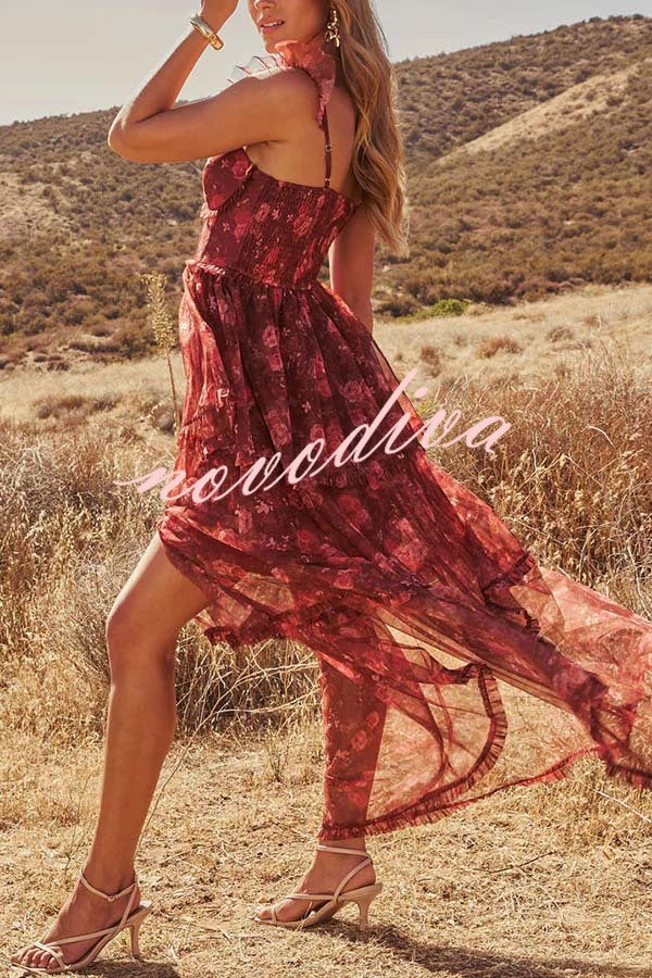 Romantic and Elegant Mesh Floral Back Smocked Tiered Ruffle Maxi Dress