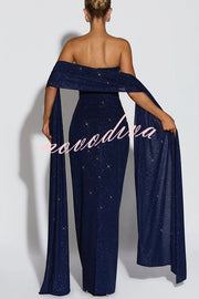 Pandra Glittery Crepe Fabric Off Shoulder Ruched Slit Cape Maxi Dress