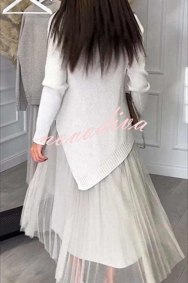 Jensine Ribbed Knit Long Sleeve Irregular Hem Loose Sweater