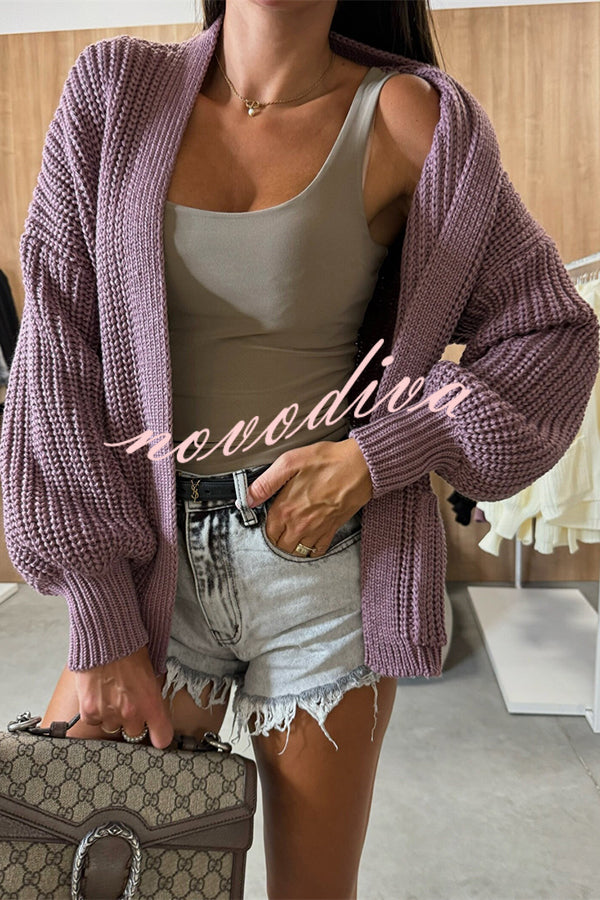 Solid Color V-neck Long-sleeved Casual Knitted Cardigan