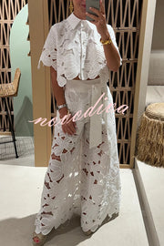 Redefining Elegance Floral Lace Cropped Shirt and Belt Pocketed Wide Leg Pants Set