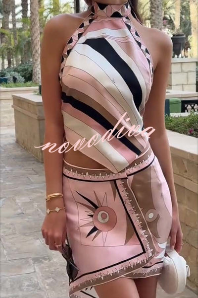 Anzio Satin Unique Print Halter Tie-up Tank and Irregular Hem Mini Skirt Set