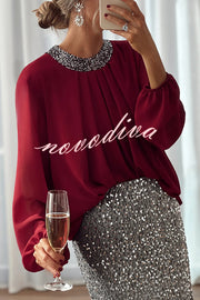 Party Romance Sequin Neck Ruched Balloon Sleeve Loose Blouse