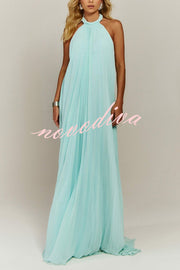 Gabie Chiffon Pleated Braided Halter Neck Backless A-line Maxi Dress