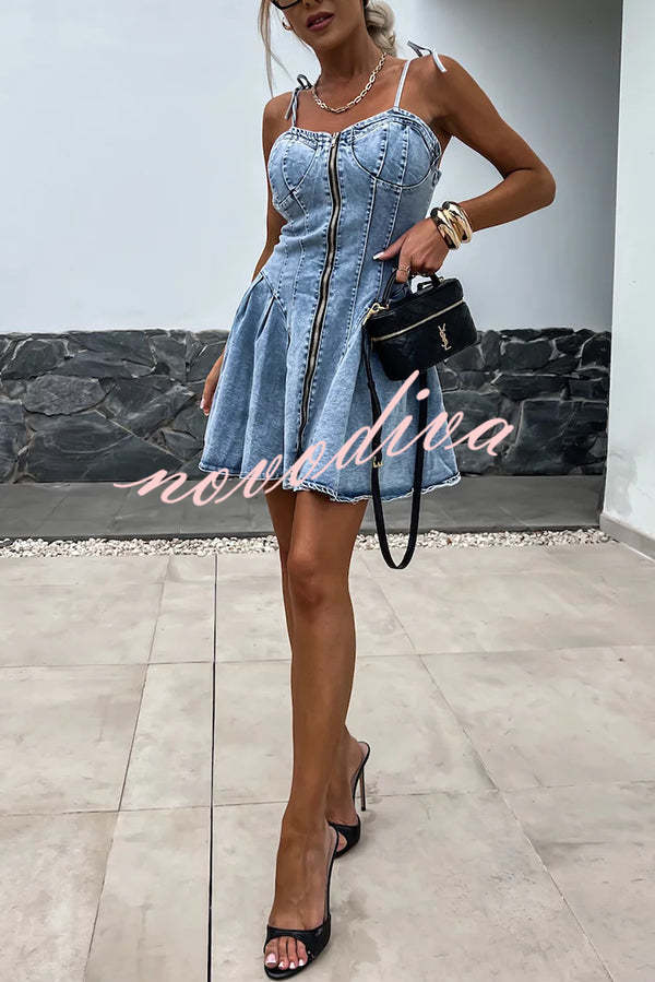 Fashionable Patchwork Suspender Zipper Slim Denim Mini Dress