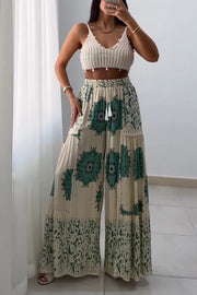 Unique Print Elastic High Waist Tie Pocket Holiday Style Wide Leg Pants