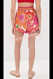 Neima Unique Print Wave Trim Button Up Short Sleeve Shirt and Elastic Waist Pocket Loose Shorts Set