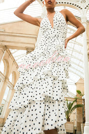 Violet Polka Dot Print Layered Ruffles Halter Tie-up Midi Dress