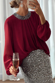 Party Romance Sequin Neck Ruched Balloon Sleeve Loose Blouse