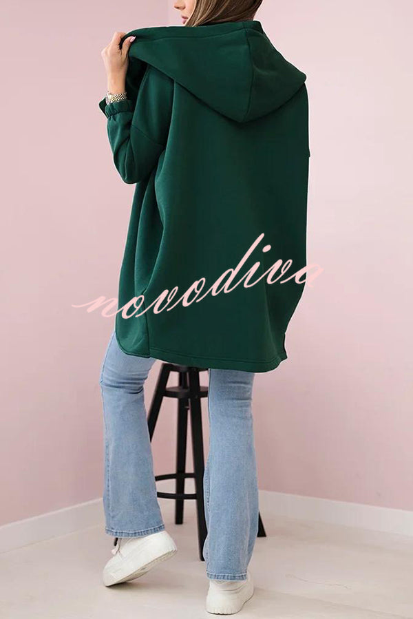 Solid Color Loose Hooded Zip-up Casual Sports Jacket