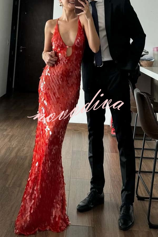 Reshape Beauty Fish Scale Sequin Cutout U-neck Slip Maxi Dress