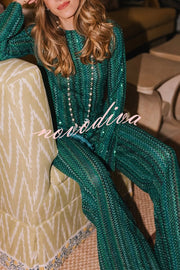 Relaxing Time Knit Zigzag Pattern Tassel Trim Slit Top and Wide Leg Pants Set