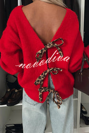 Fashionable Charm Knit Back Leopard Print Bow Tie-up Relaxed Sweater