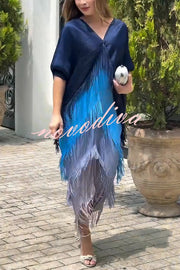 Fashionable Color-blocked Multi-layered Tassel Loose Midi Dress