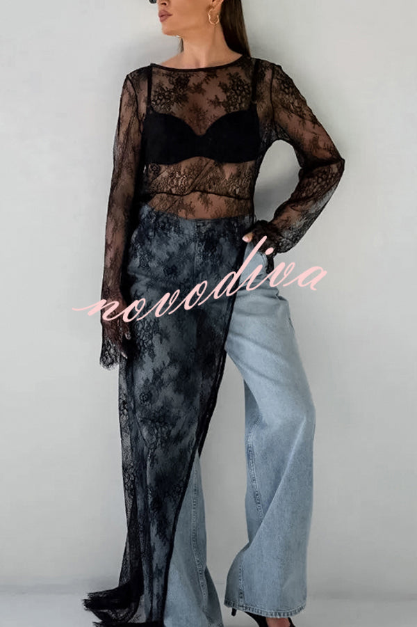 Sexy Openwork Lace Long-sleeved Asymmetrical Casual Top