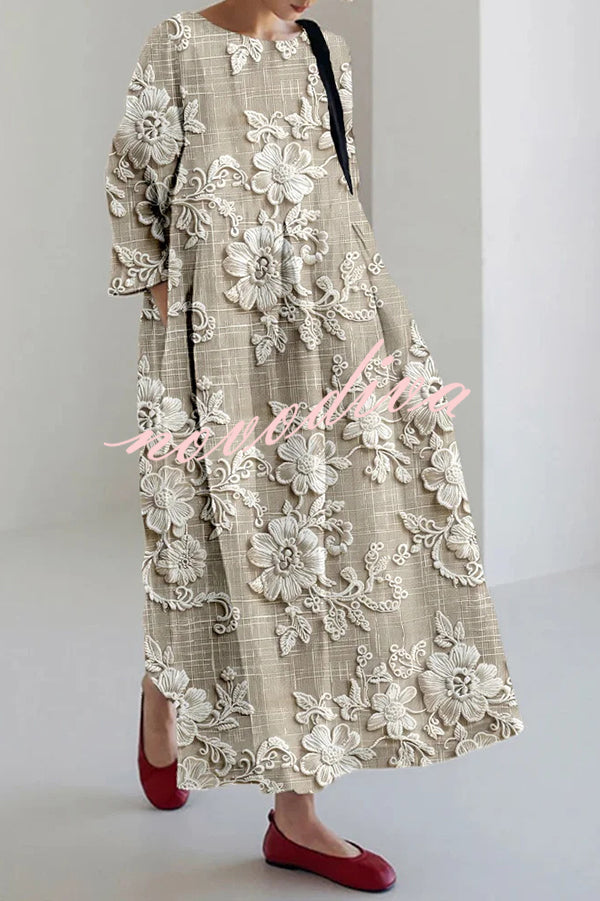 Unique Printed Round Neck Long Sleeve Loose Maxi Dress