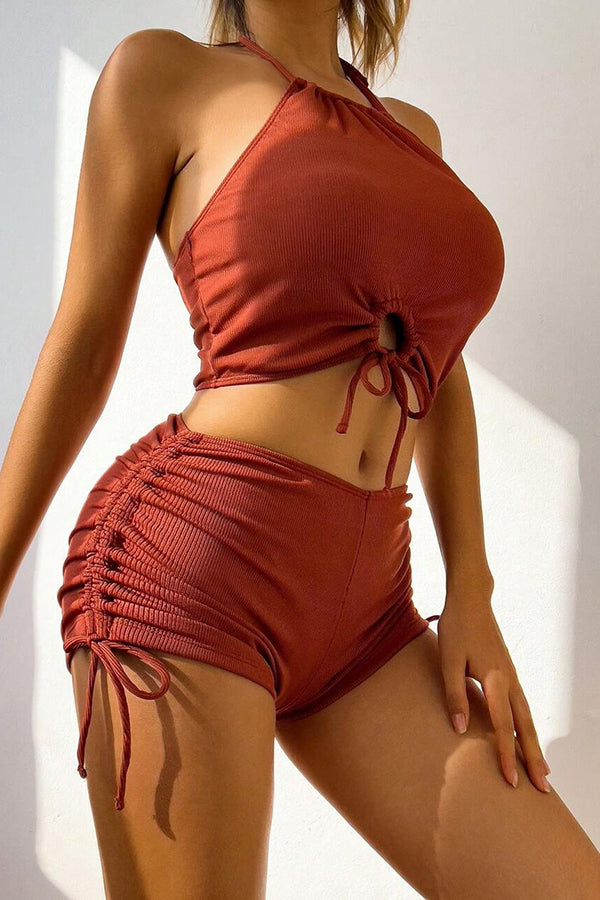 Solid Color Sexy Halter Neck High Waist String Stretch Bikini Swimsuit