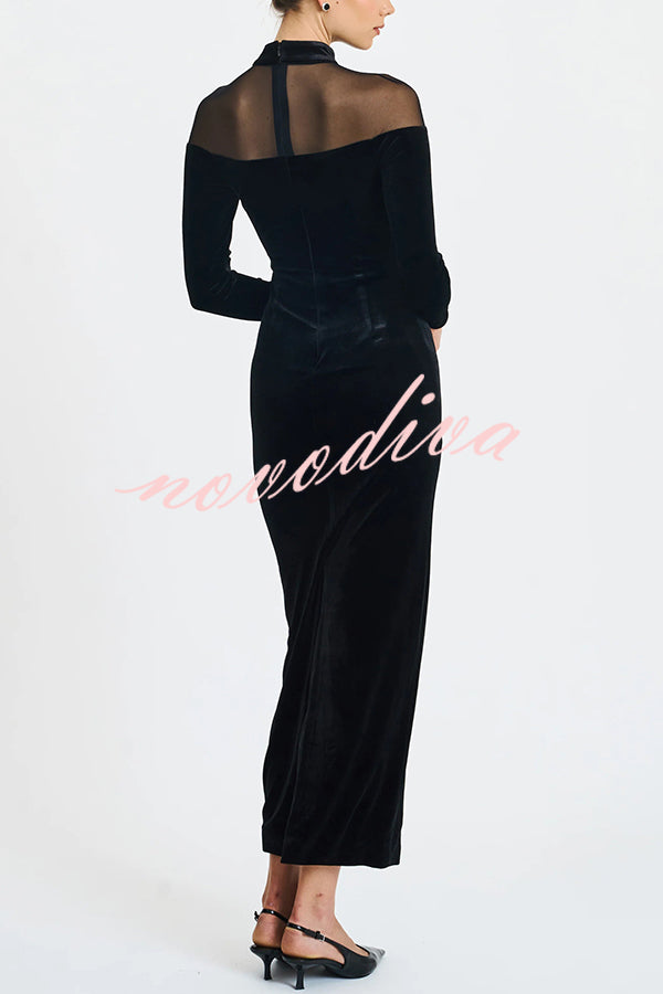 Fashionable Velvet and Mesh Spliced long-sleeved Slim-fit Maxi Dress