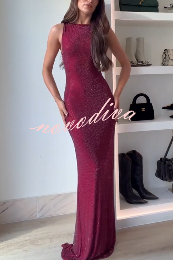 Holiday Nights Sequin Boat Neck Sleeveless Slit Maxi Dress