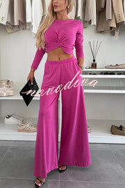 Solid Color Round Neck Long Sleeve Twist Crop Top and Elastic Waist Pocket Wide Leg Pants Set