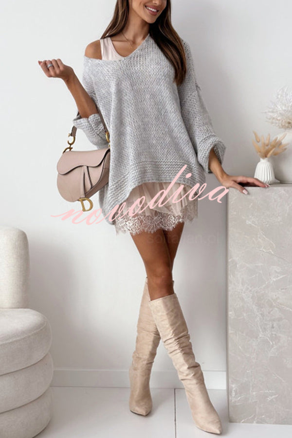 Solid Color Loose V-neck Casual Knitted Sweater