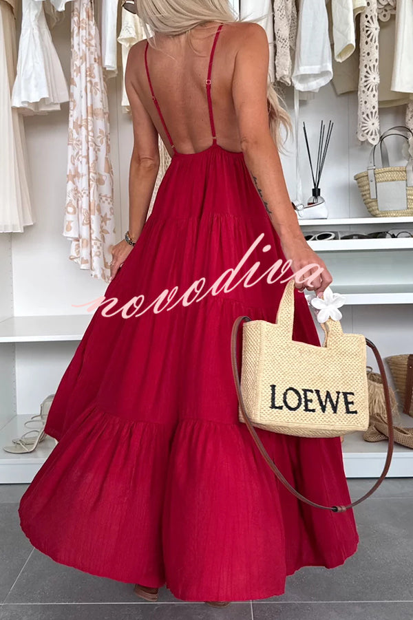 Bohemian Style V-neck Backless Slip Layered Vacation Maxi Dress