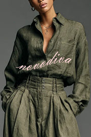 Linen Blend Lapel Long-sleeved Casual Shirt and High-waist Pocket Loose Wide-leg Pants Set