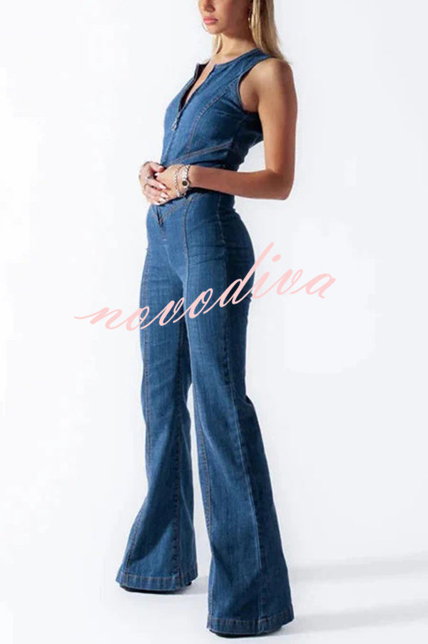 Fashionable Heart Hollow Back Slim High Waist Flared Denim Jumpsuit