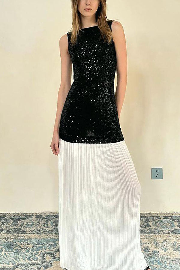 Sexy Backless Sleeveless Sequined Pleated Hem Maxi Dress