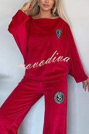 Solid Color Velvet Round Neck Bat Sleeve Casual Top and Elastic Waist Loose Pocket Pants Set