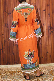 Linen Blend Unique Print Tie-waist Casual Maxi Dress