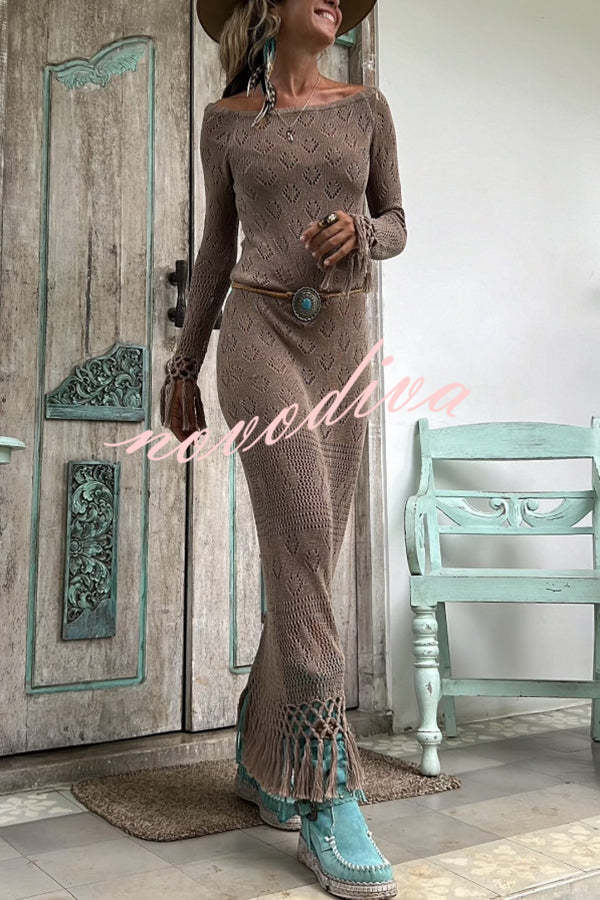 Bailey Knit Long Sleeve Pattern Hollow Out Tassel Trim Maxi Dress