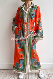 Linen Blend Unique Print Tie-waist Casual Maxi Dress