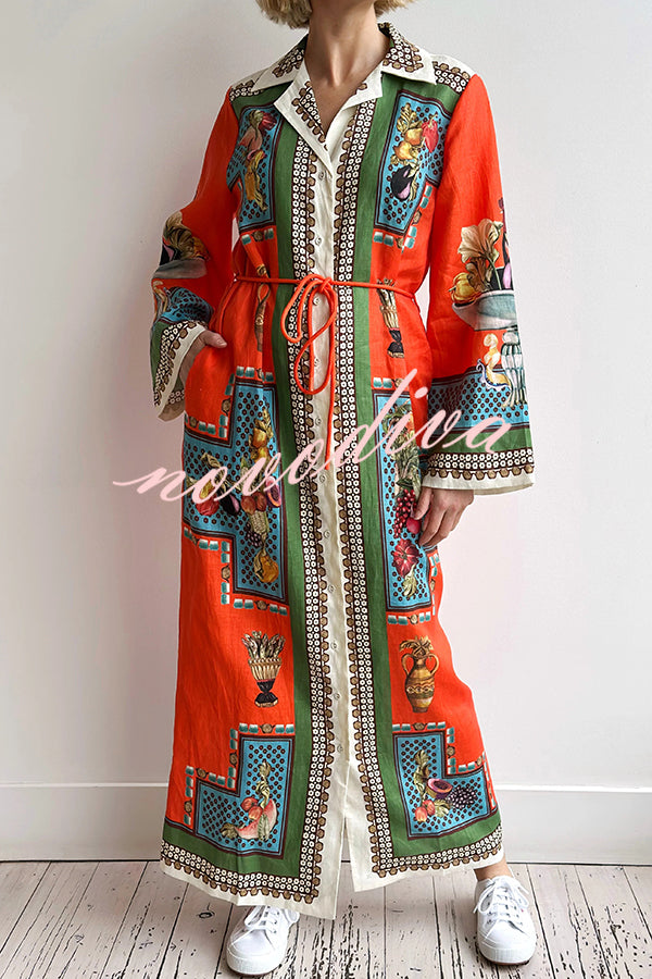 Linen Blend Unique Print Tie-waist Casual Maxi Dress
