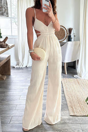 Summer Vacay Style Crinkle Fabric Cut Out Elastic Waist Pocket Backless Jumpsuit