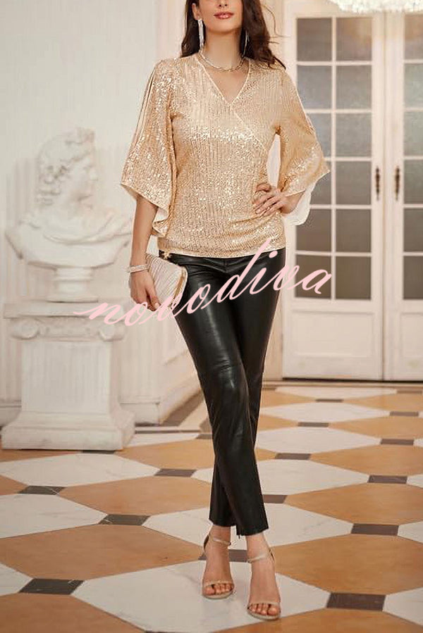 Solid Color Sequined V-neck Hollow Sleeve Slim Fit Top