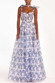 Fairytale Itself Organza Floral Print Tie Strap Maxi Dress