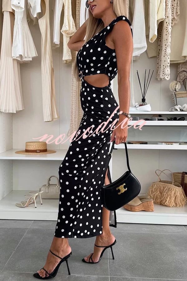 Roxane Polka Dot Print Shoulder Pad Metal Cutout Waist Slit Stretch Maxi Dress